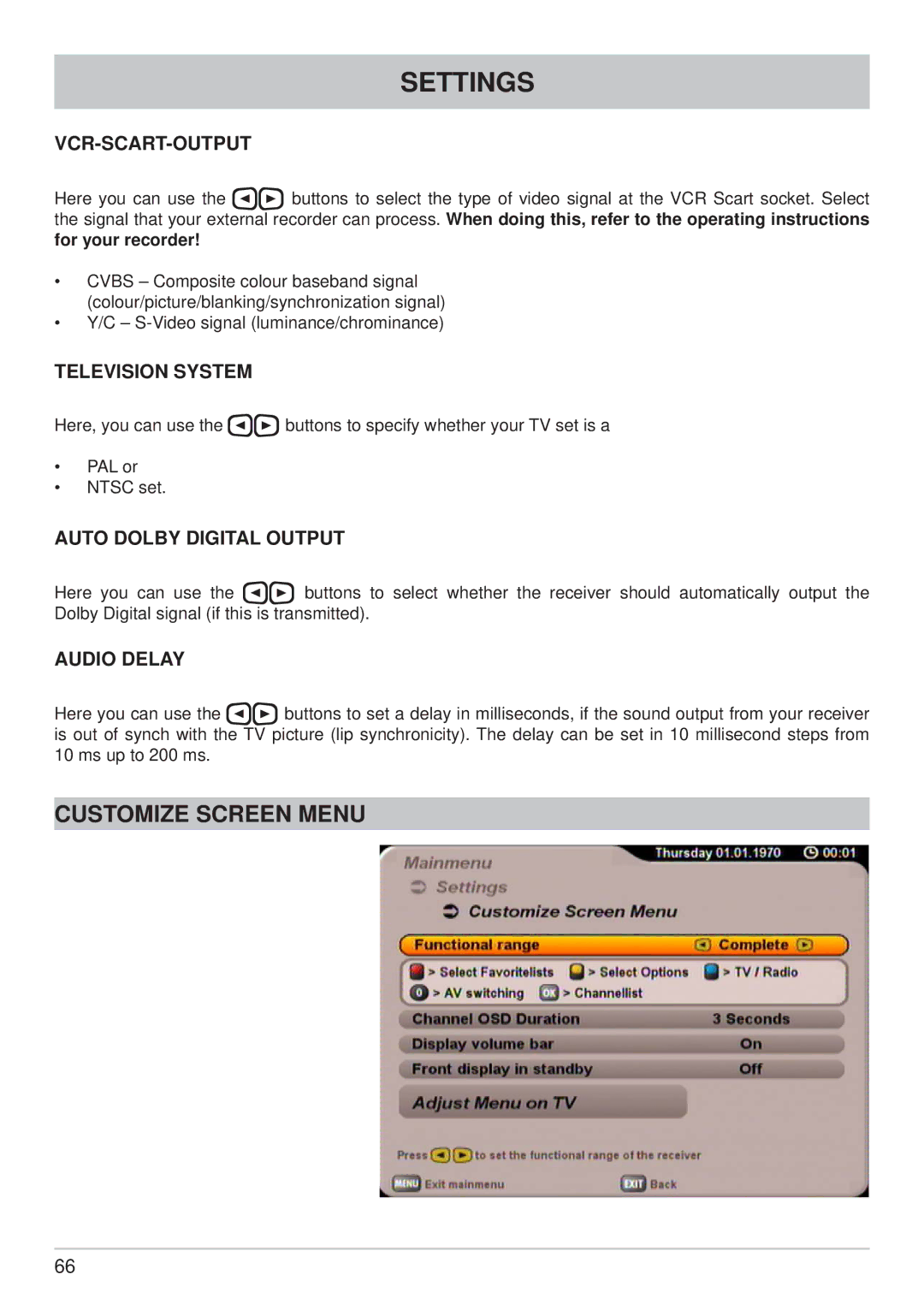 Kathrein UFS 700sw Customize Screen Menu, Vcr-Scart-Output, Television System, Auto Dolby Digital Output, Audio Delay 