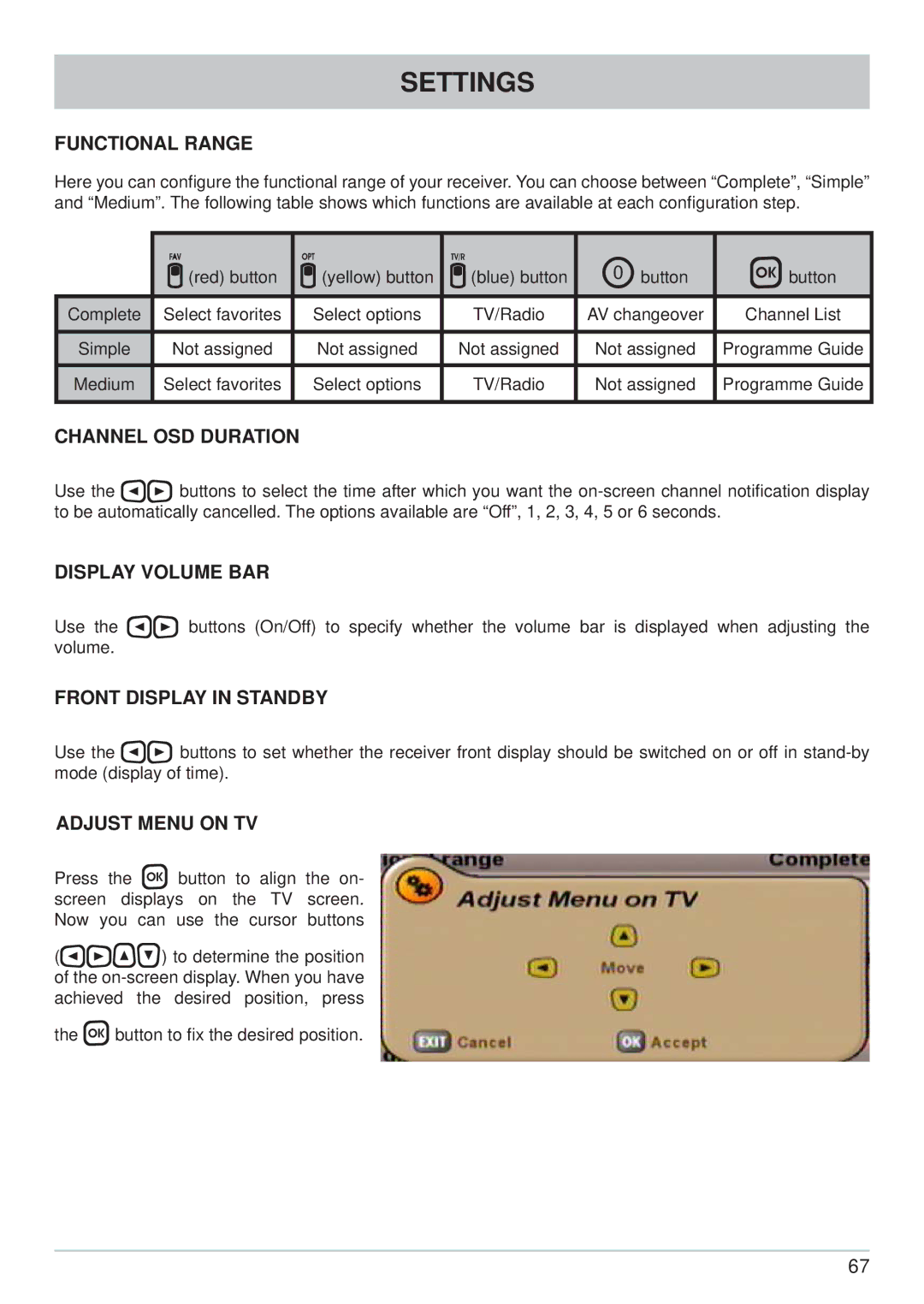 Kathrein UFS 700si Functional Range, Channel OSD Duration, Display Volume BAR, Front Display in Standby, Adjust Menu on TV 