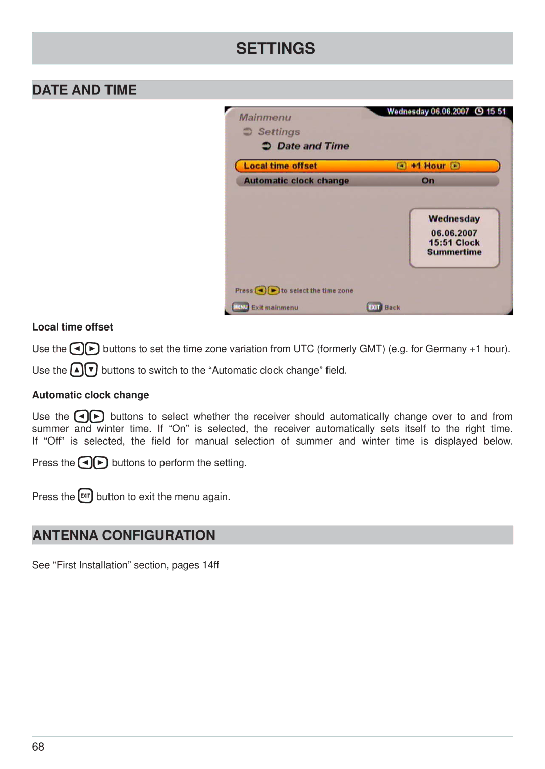 Kathrein UFS 700sw, UFS 700si manual Date and Time, Antenna Configuration, Automatic clock change 