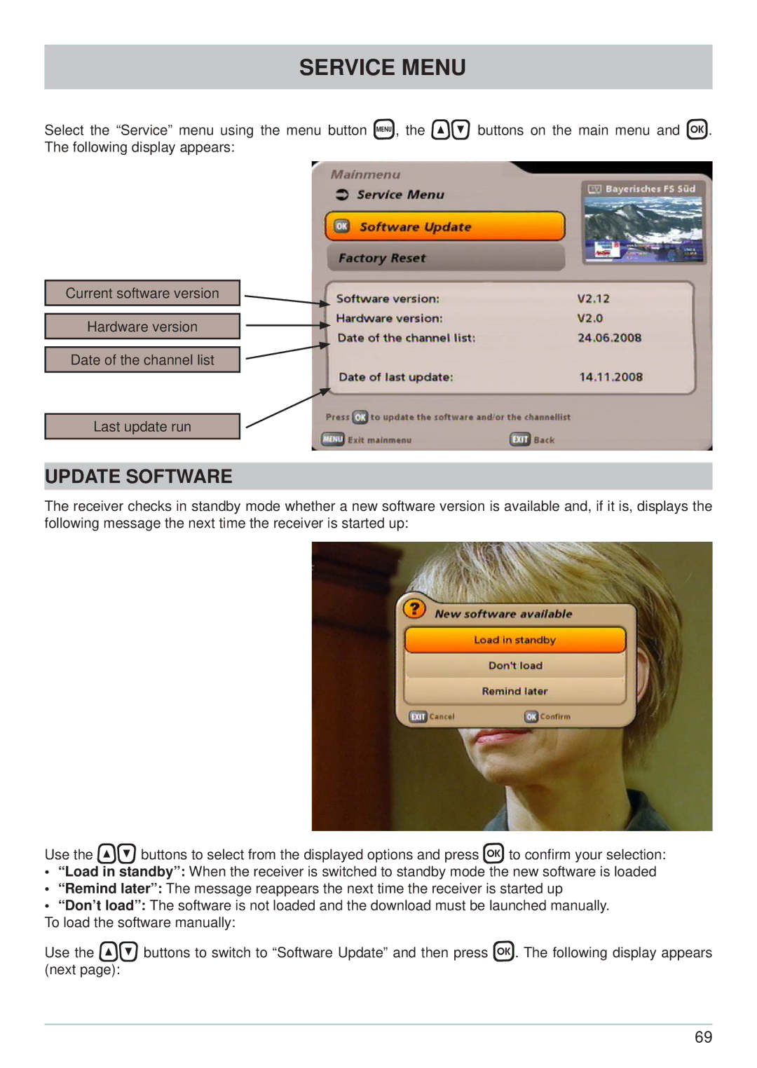 Kathrein UFS 700si, UFS 700sw manual Service Menu, Update Software 