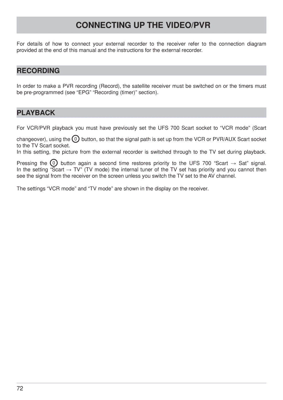 Kathrein UFS 700sw, UFS 700si manual Connecting UP the VIDEO/PVR, Recording, Playback 