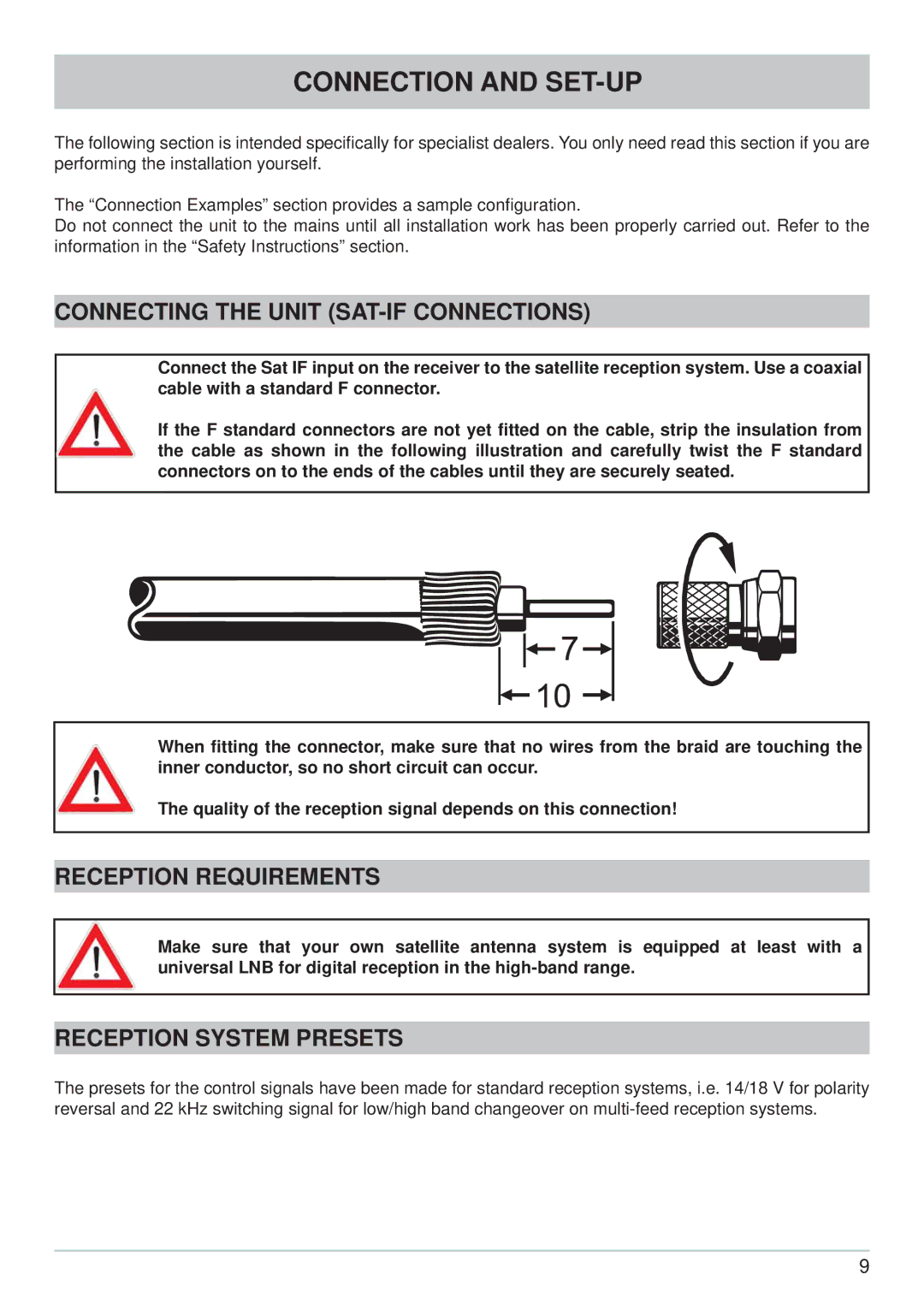 Kathrein UFS 700si, UFS 700sw manual Connection and SET-UP, Connecting the Unit SAT-IF Connections, Reception Requirements 