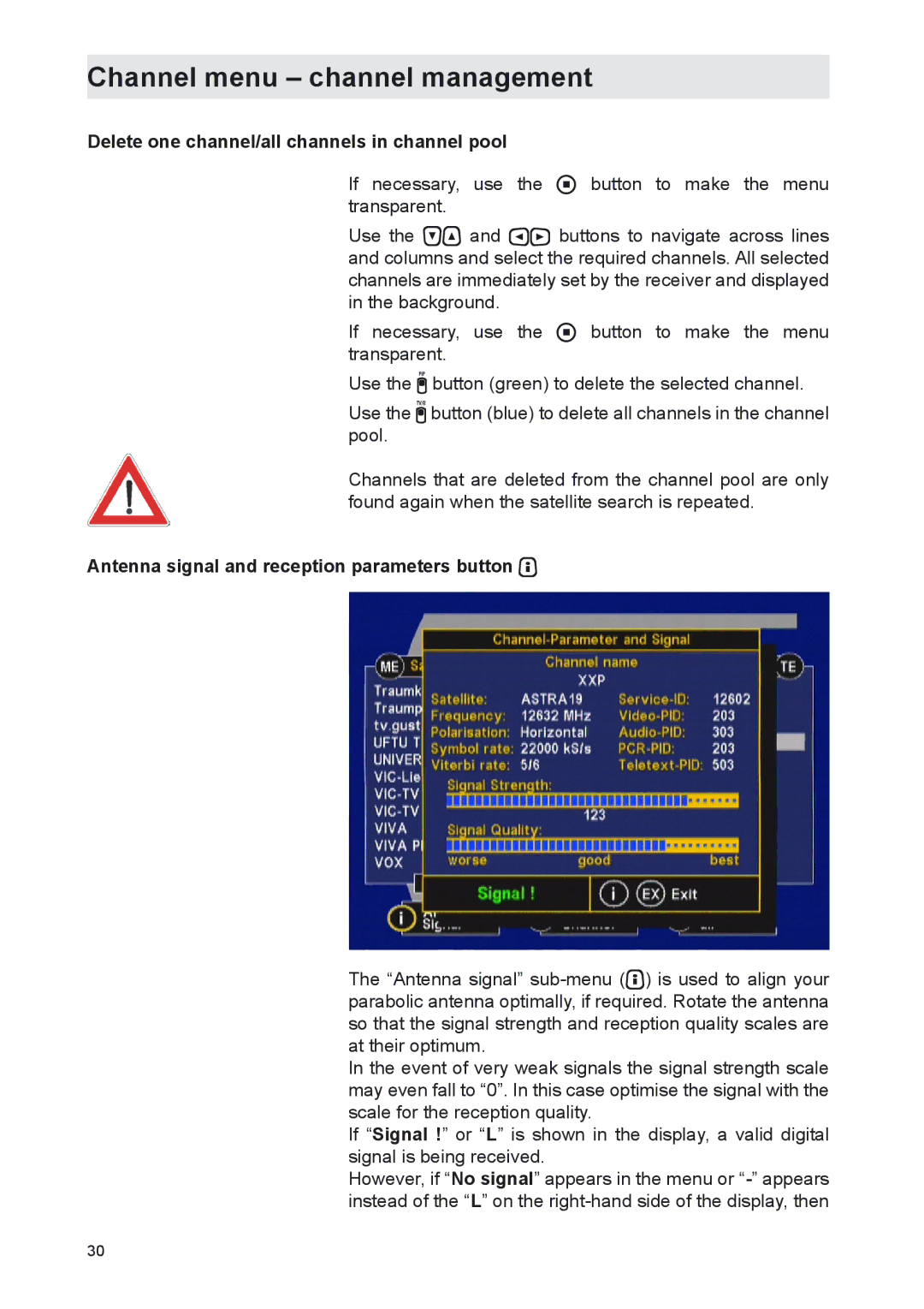 Kathrein UFS 702sw manual Delete one channel/all channels in channel pool, Antenna signal and reception parameters button  