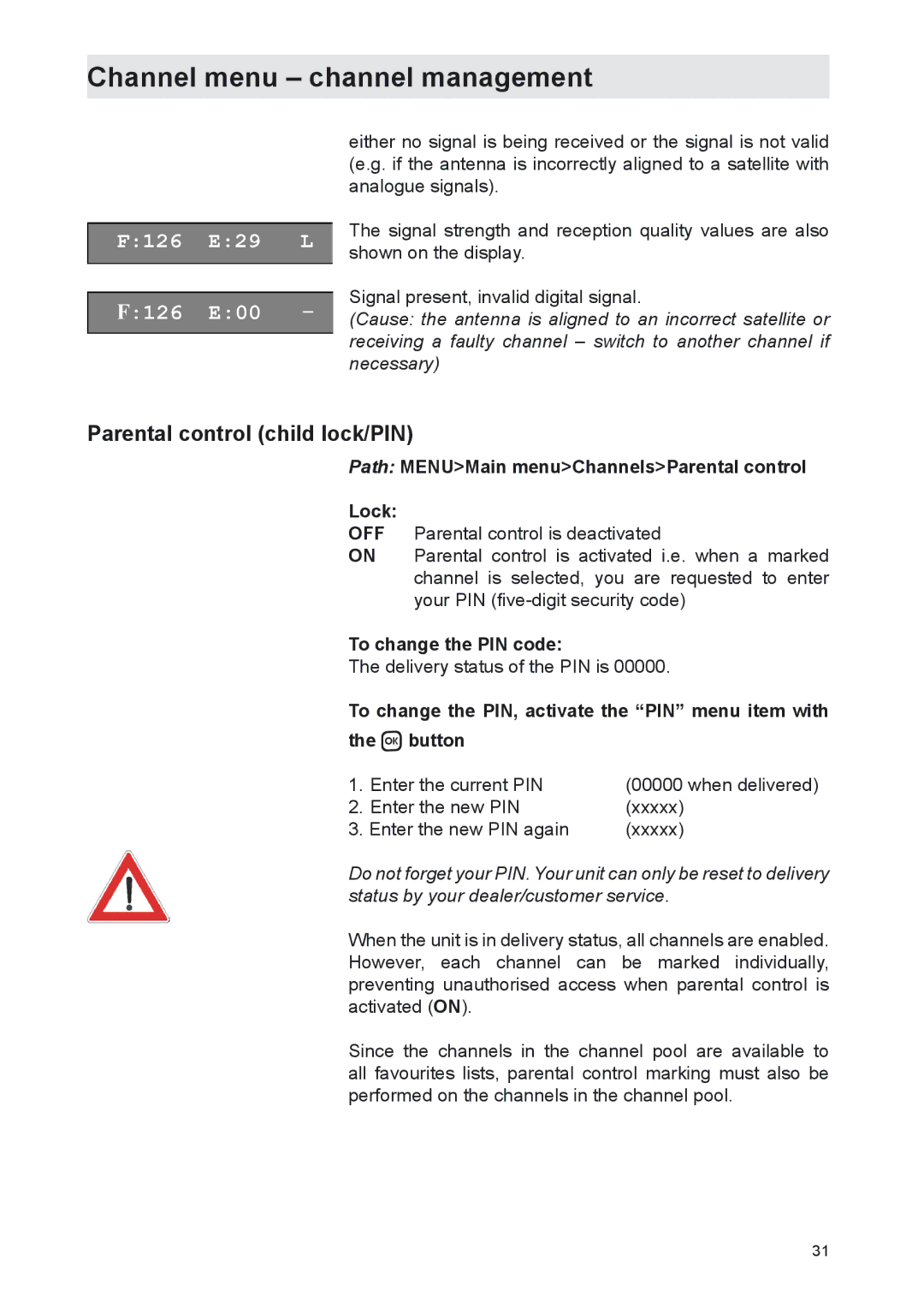 Kathrein UFS 702si, UFS 702sw manual Parental control child lock/PIN, Path MENUMain menuChannelsParental control Lock 