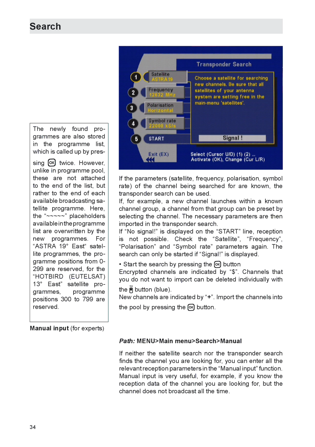 Kathrein UFS 702sw, UFS 702si manual Manual input for experts, Path MENUMain menuSearchManual 