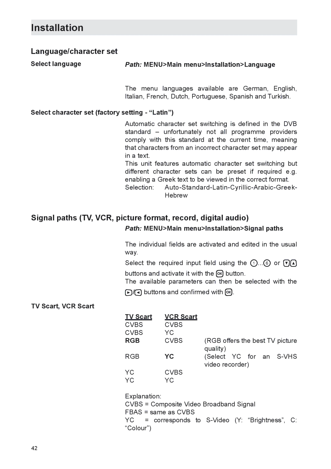 Kathrein UFS 702sw, UFS 702si manual Language/character set, Signal paths TV, VCR, picture format, record, digital audio 