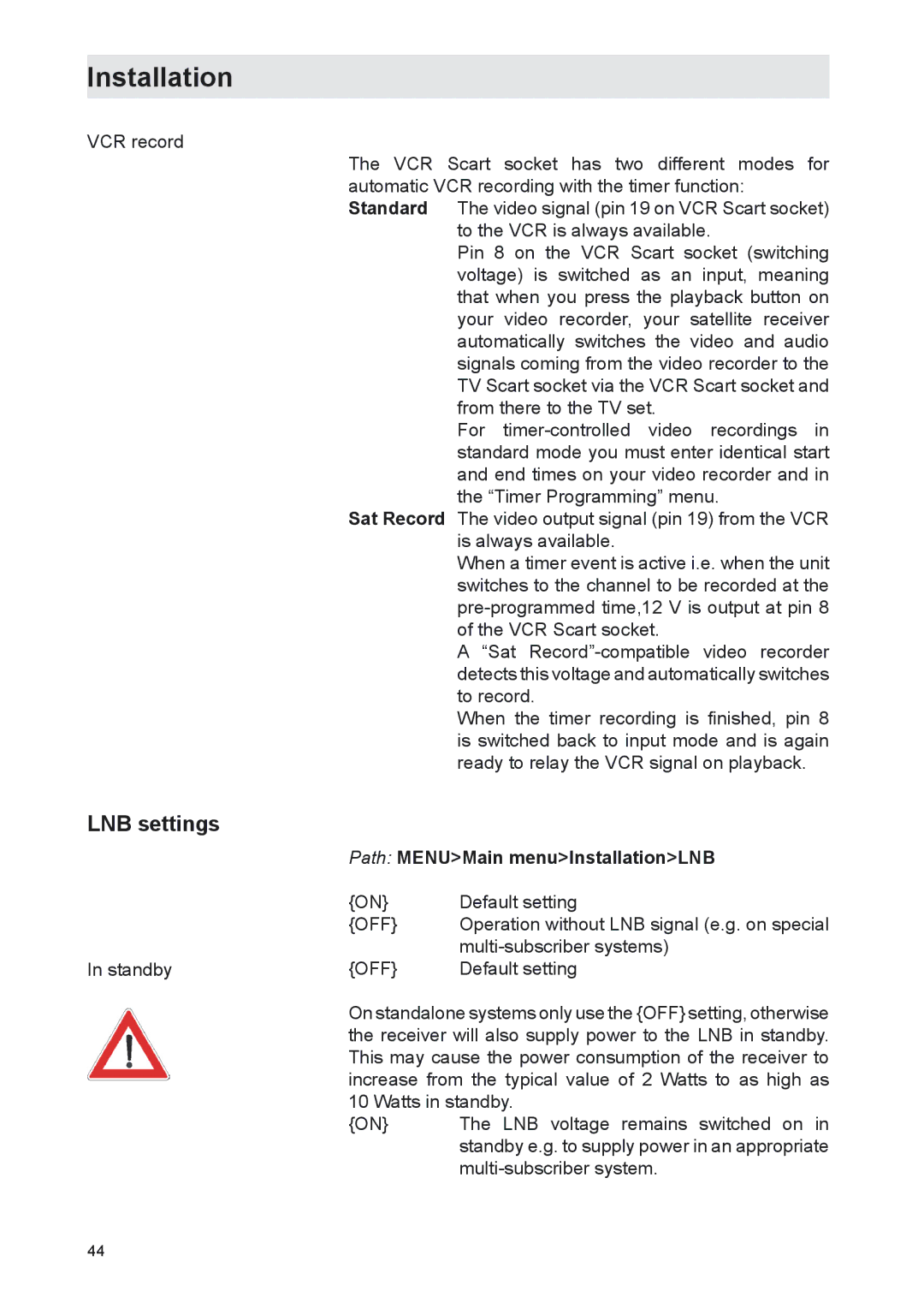 Kathrein UFS 702sw, UFS 702si manual LNB settings, Path MENUMain menuInstallationLNB 