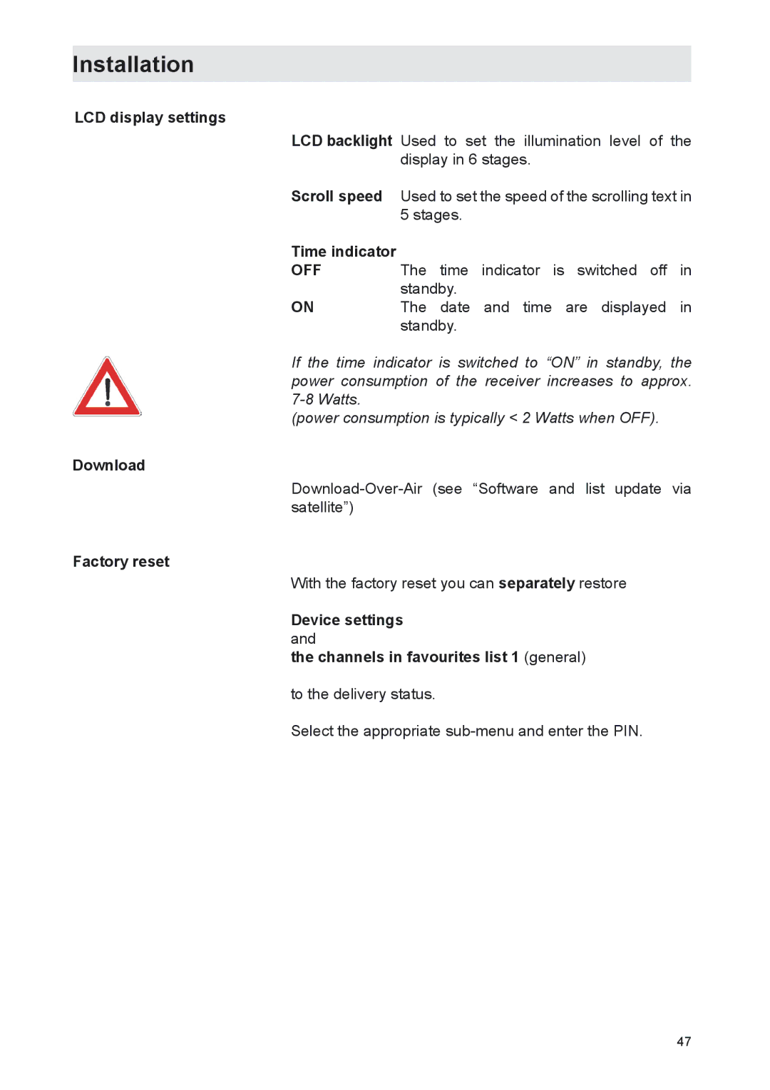 Kathrein UFS 702si, UFS 702sw manual LCD display settings, Time indicator, Download, Factory reset 