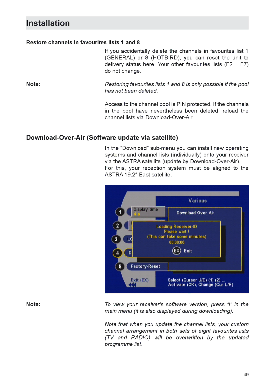 Kathrein UFS 702si, UFS 702sw manual Download-Over-Air Software update via satellite, Restore channels in favourites lists 1 