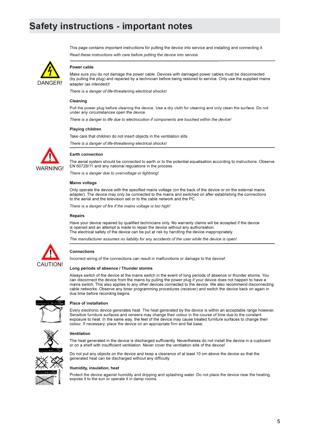 Kathrein UFS 702si, UFS 702sw manual Safety instructions important notes 