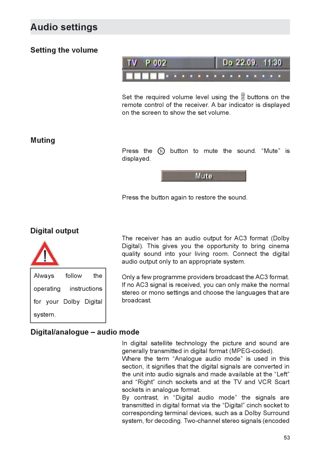 Kathrein UFS 702si, UFS 702sw manual Audio settings, Setting the volume, Muting, Digital output, Digital/analogue audio mode 