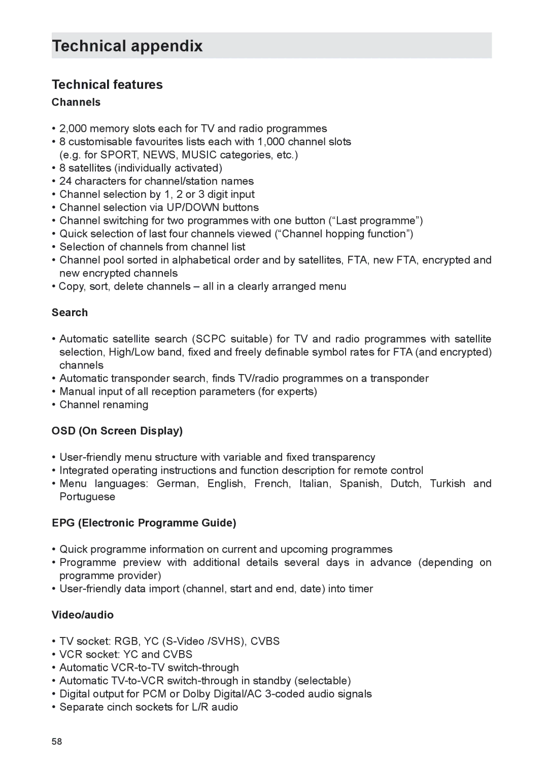 Kathrein UFS 702sw, UFS 702si manual Technical appendix, Technical features 