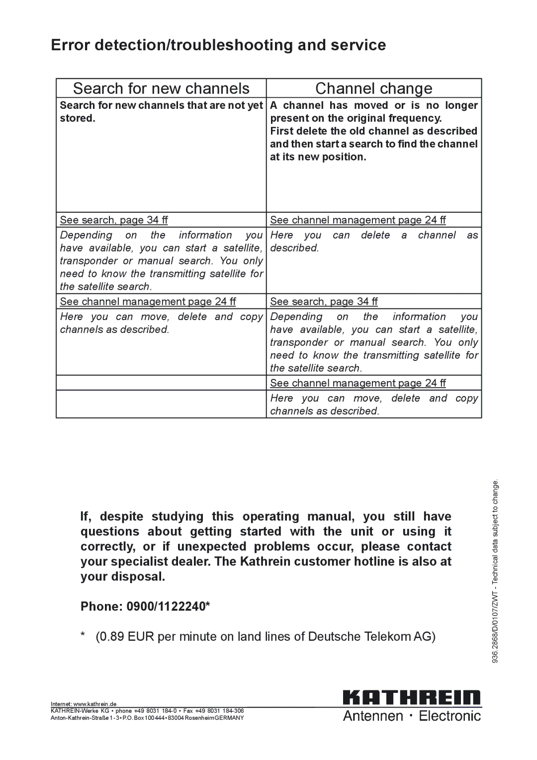 Kathrein UFS 702sw, UFS 702si manual Search for new channels Channel change 