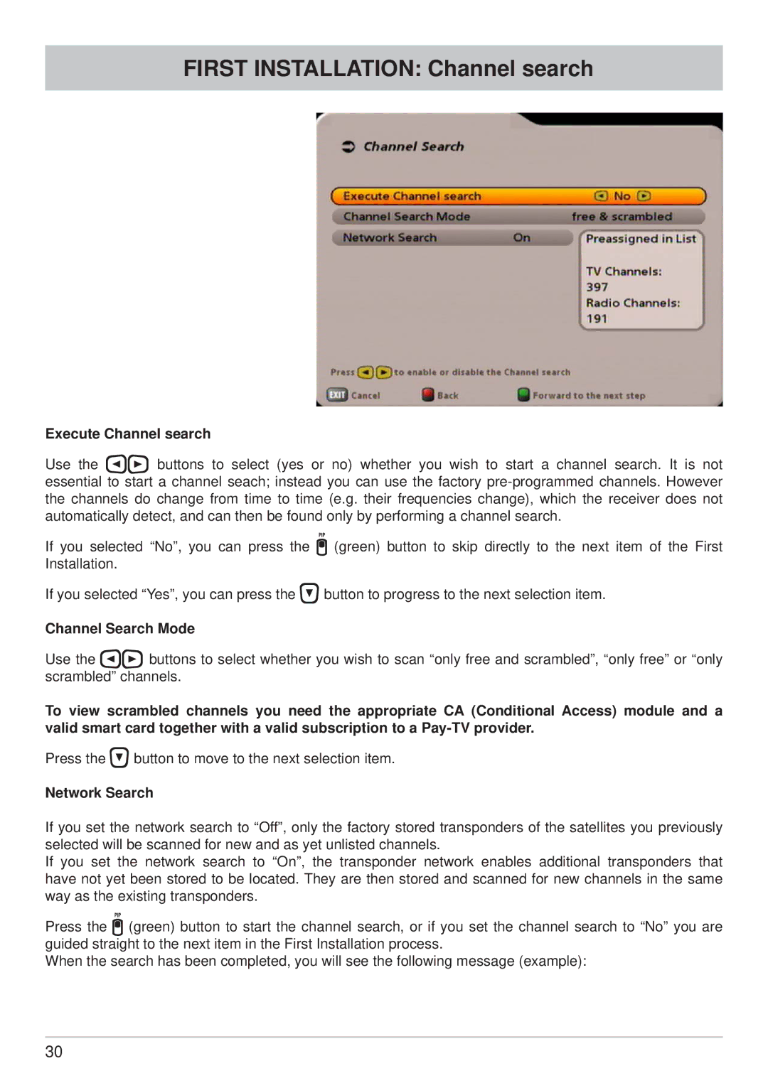 Kathrein UFS 705sw, UFS 705si manual Execute Channel search, Channel Search Mode, Network Search 