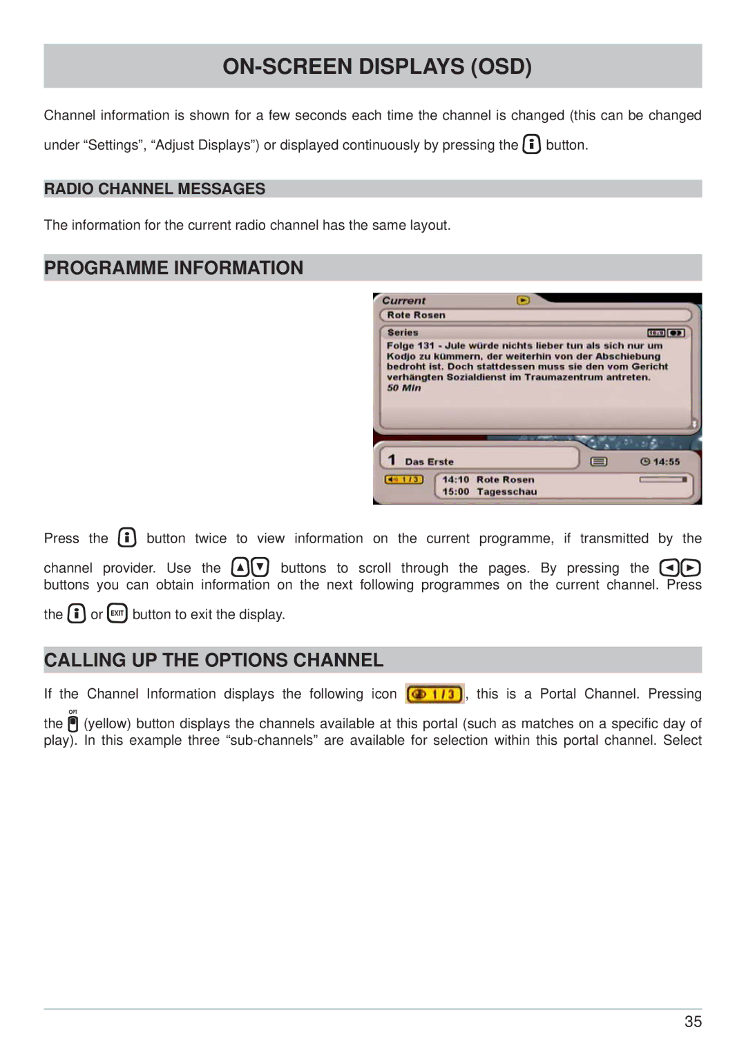 Kathrein UFS 705si ON-SCREEN Displays OSD, Programme Information, Calling UP the Options Channel, Radio Channel Messages 