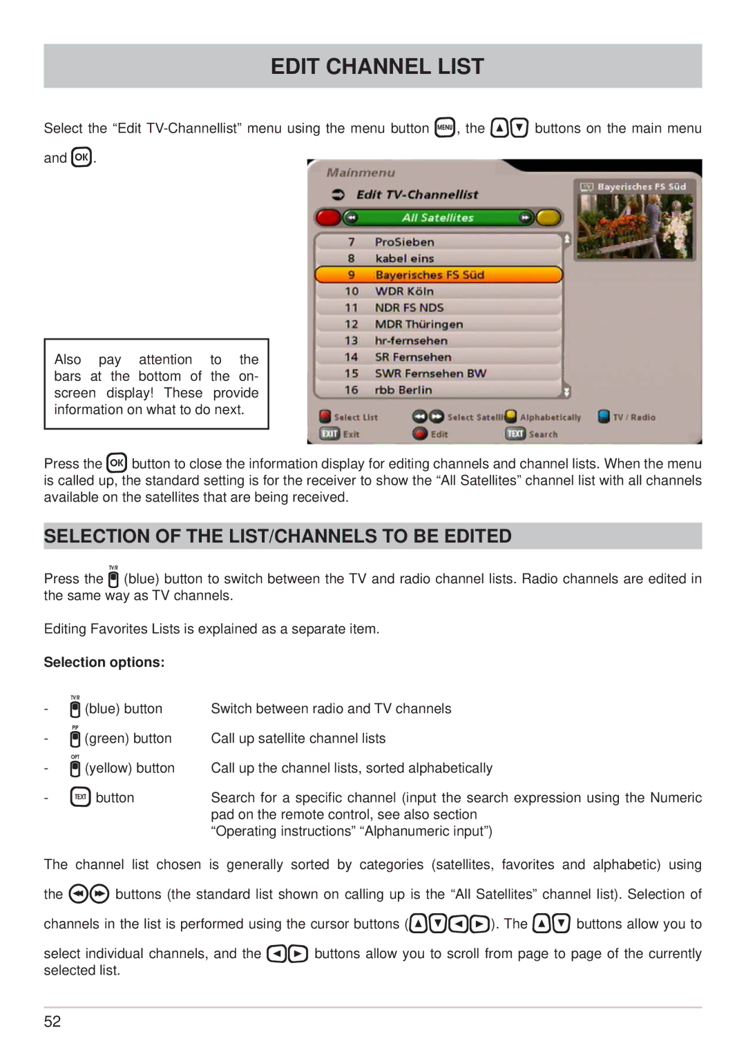 Kathrein UFS 705sw, UFS 705si manual Edit Channel List, Selection of the LIST/CHANNELS to be Edited 