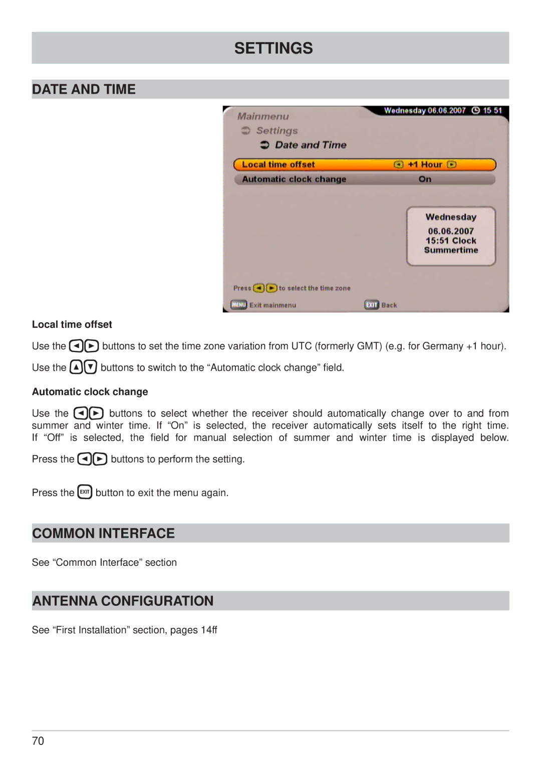 Kathrein UFS 705sw, UFS 705si manual Date and Time, Common Interface, Antenna Configuration, Automatic clock change 