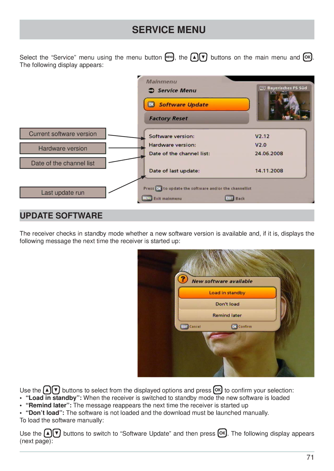 Kathrein UFS 705si, UFS 705sw manual Service Menu, Update Software 