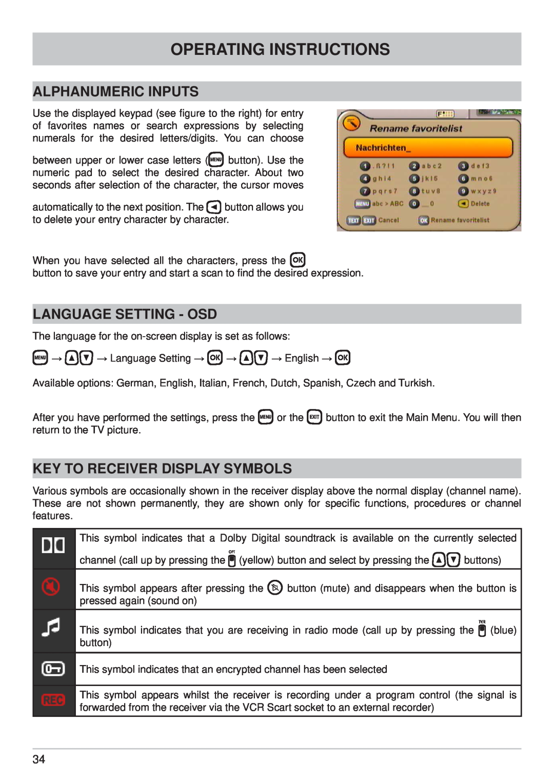 Kathrein UFS 710si Alphanumeric Inputs, Language Setting - Osd, Key To Receiver Display Symbols, Operating Instructions 