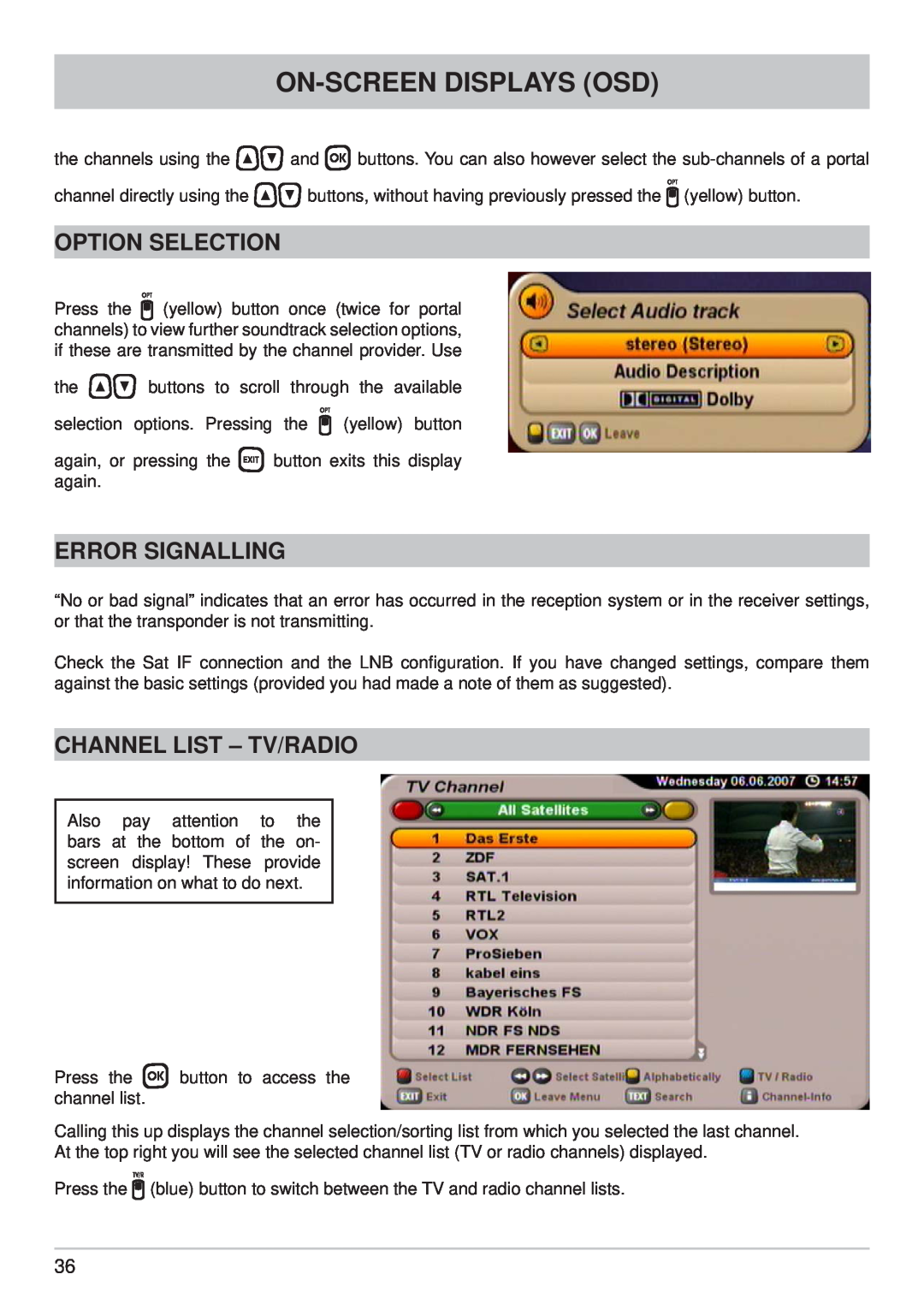 Kathrein UFS 710si, UFS 710sw manual Option Selection, Error Signalling, Channel List - Tv/Radio, On-Screen Displays Osd 