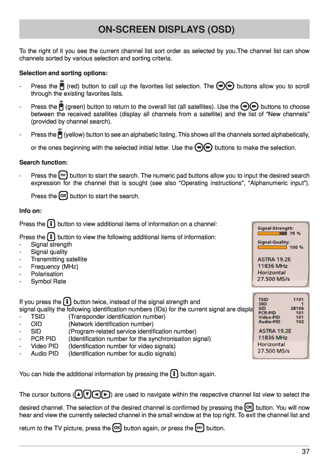 Kathrein UFS 710sw, UFS 710si manual On-Screen Displays Osd, Selection and sorting options, Search function, Info on 