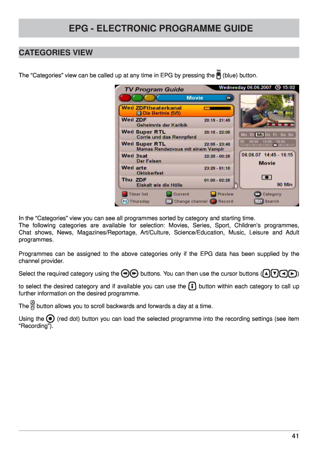 Kathrein UFS 710sw, UFS 710si manual Categories View, Epg - Electronic Programme Guide 