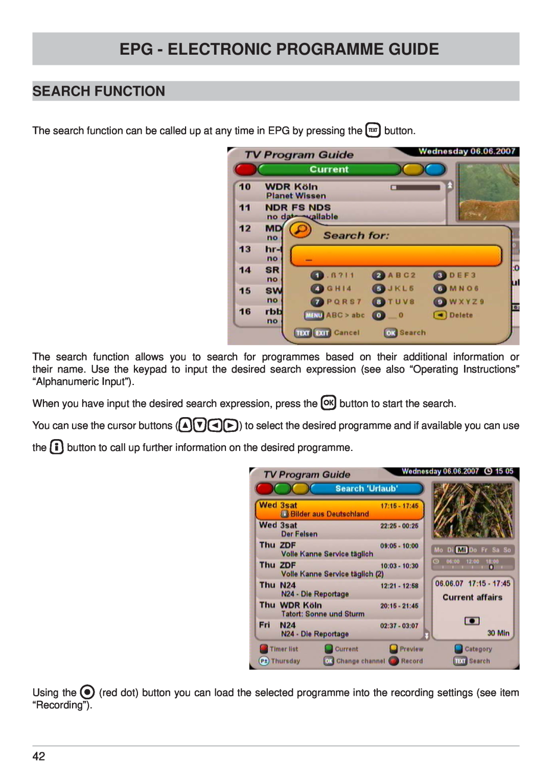 Kathrein UFS 710si, UFS 710sw manual Search Function, Epg - Electronic Programme Guide 