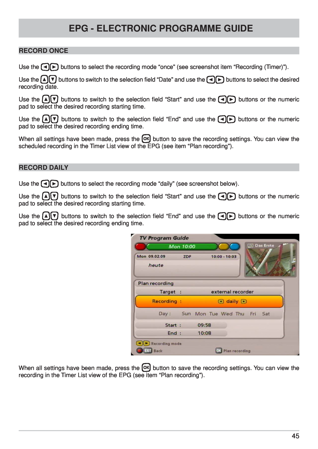 Kathrein UFS 710sw, UFS 710si manual Epg - Electronic Programme Guide, Record Once, Record Daily 