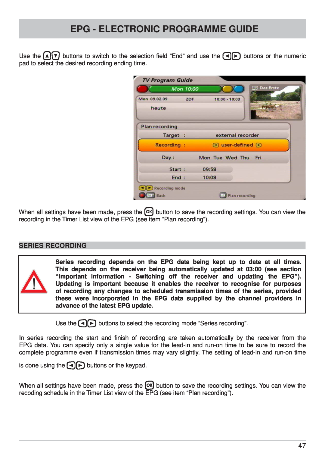 Kathrein UFS 710sw, UFS 710si manual Epg - Electronic Programme Guide, Series Recording 