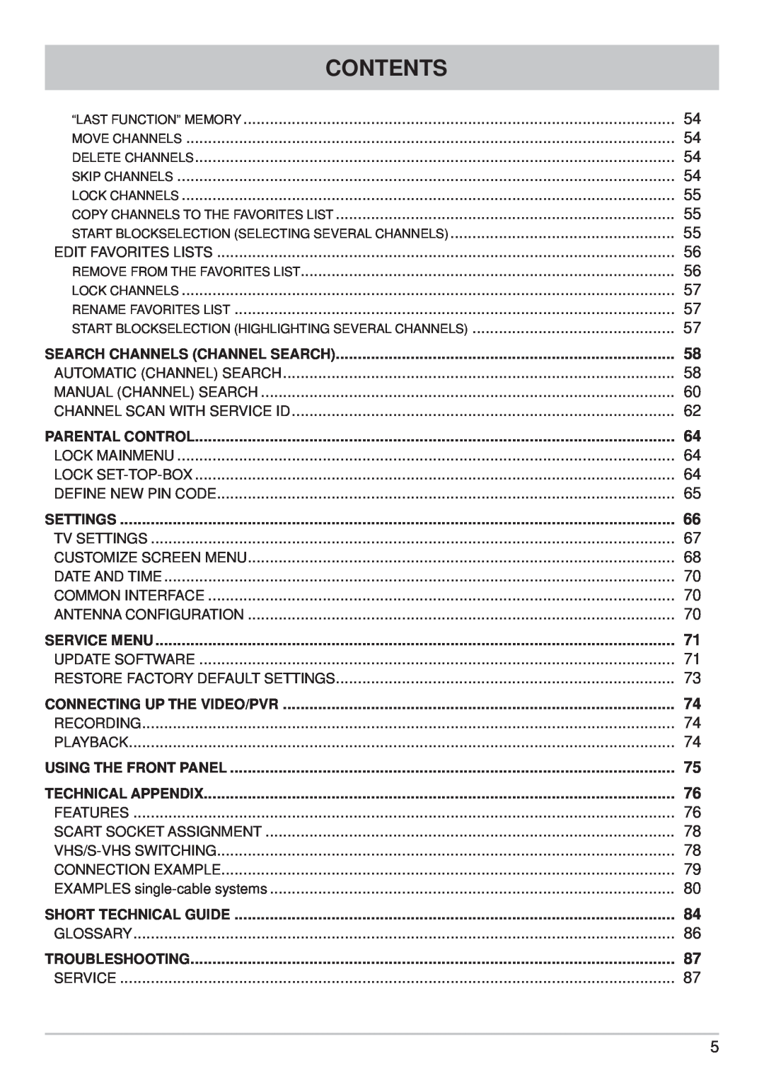 Kathrein UFS 710sw Contents, Search Channels Channel Search, Parental Control, Settings, Service Menu, Technical Appendix 