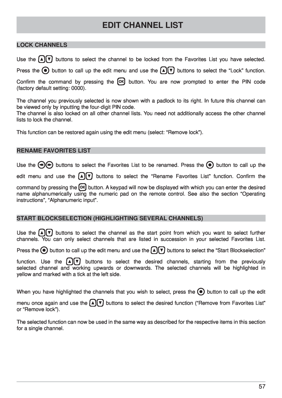 Kathrein UFS 710sw, UFS 710si manual Edit Channel List, Lock Channels, Rename Favorites List 