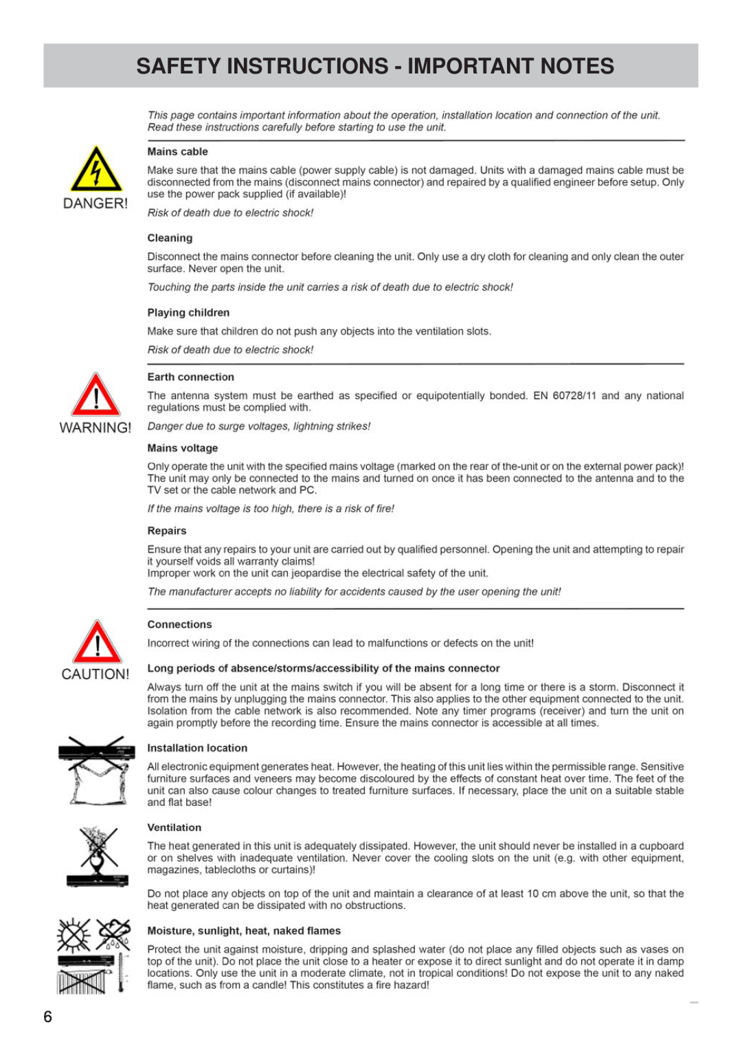 Kathrein UFS 710si, UFS 710sw manual Safety Instructions - Important Notes 