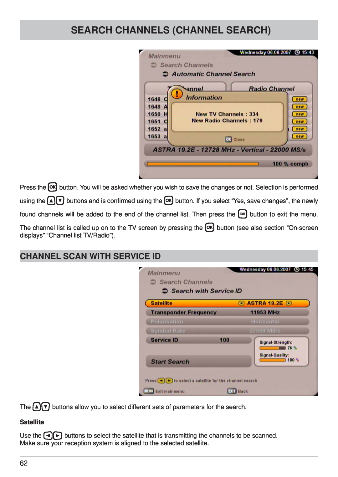 Kathrein UFS 710si, UFS 710sw manual Channel Scan With Service Id, Search Channels Channel Search, Satellite 