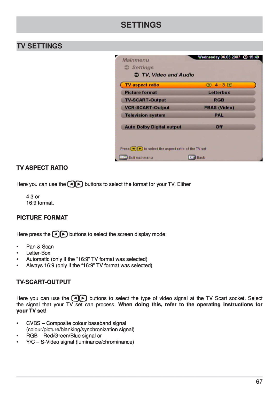 Kathrein UFS 710sw, UFS 710si manual Tv Settings, Tv Aspect Ratio, Picture Format, Tv-Scart-Output 