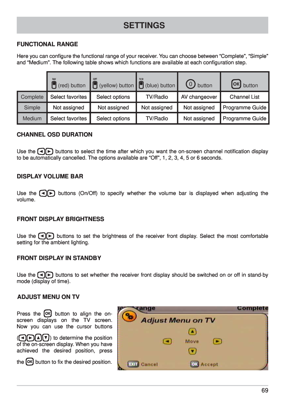 Kathrein UFS 710sw manual Settings, Functional Range, Channel Osd Duration, Display Volume Bar, Front Display Brightness 