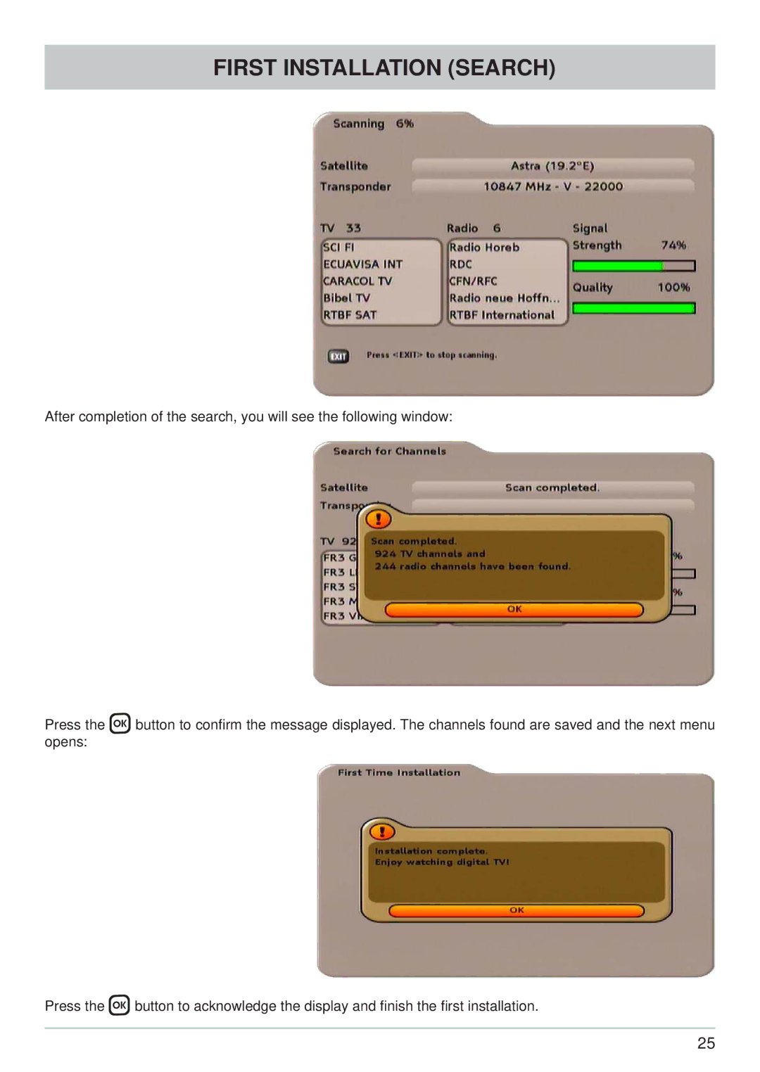 Kathrein UFS 733sw, UFS 733si manual First Installation Search 