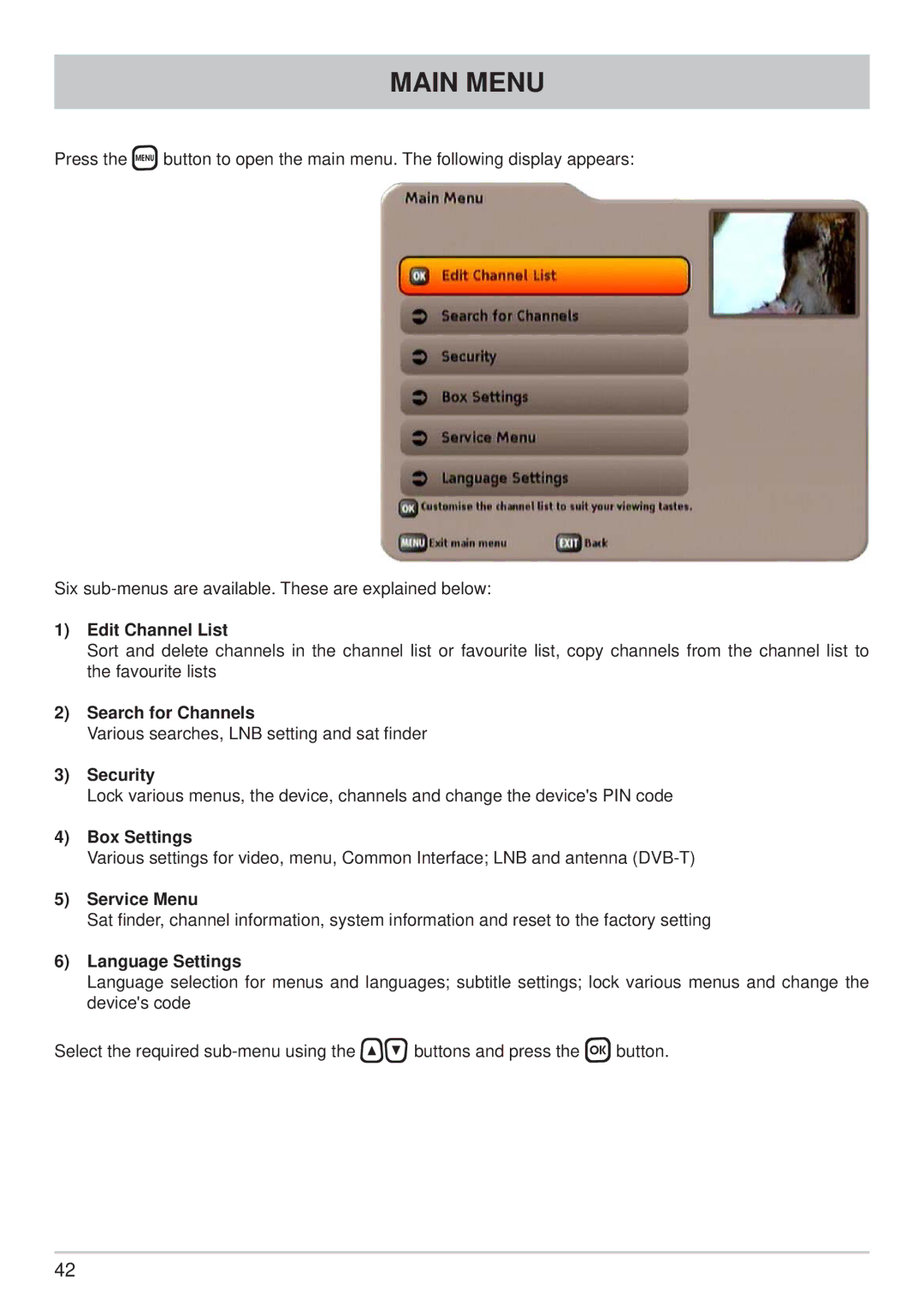 Kathrein UFS 733si, UFS 733sw manual Main Menu 