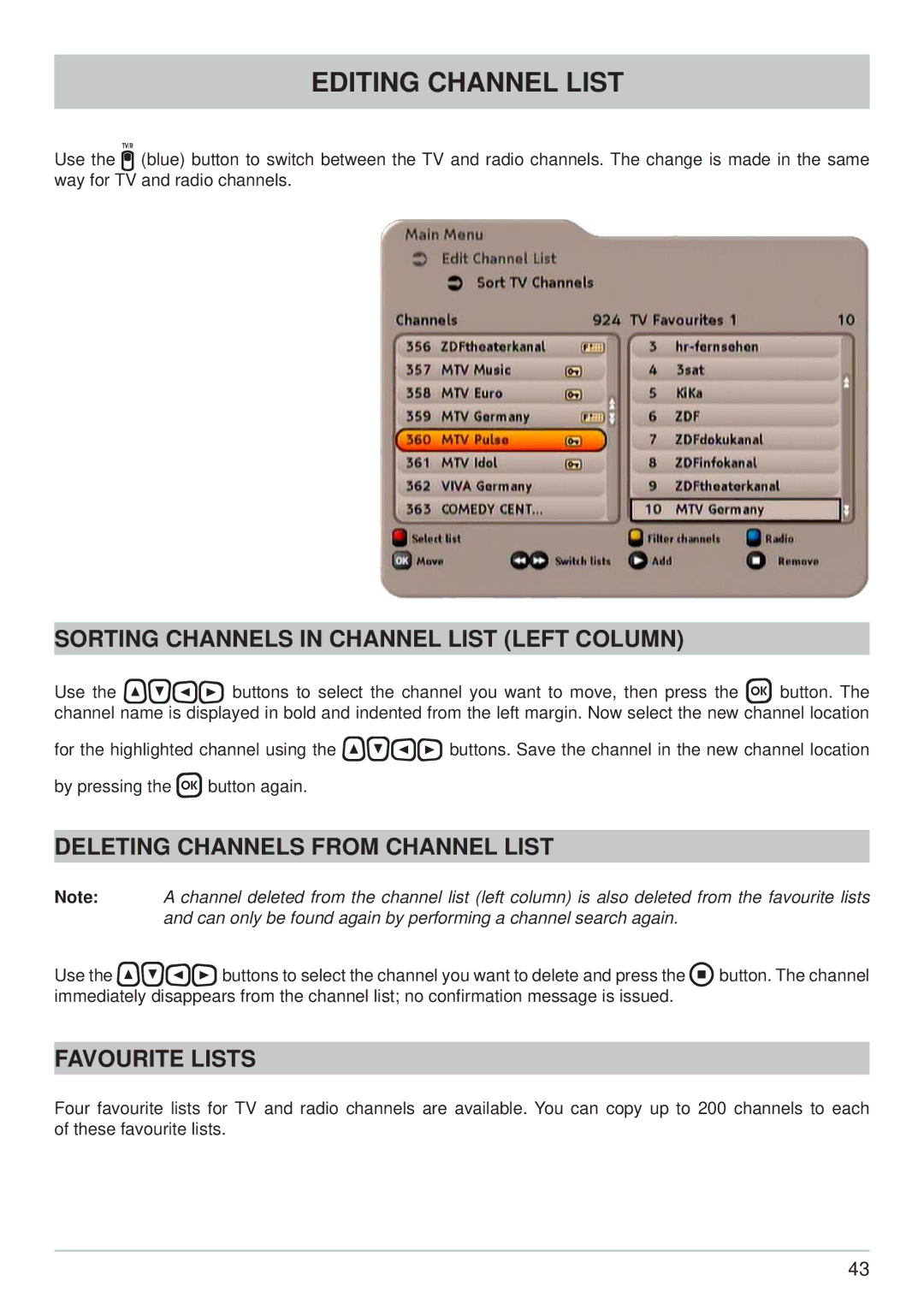 Kathrein UFS 733sw Editing Channel List, Sorting Channels in Channel List Left Column, Deleting Channels from Channel List 