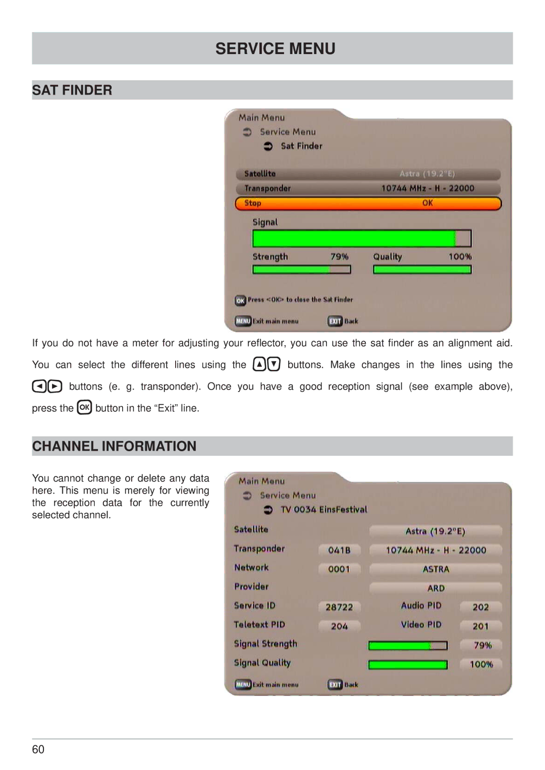 Kathrein UFS 733si, UFS 733sw manual SAT Finder, Channel Information 