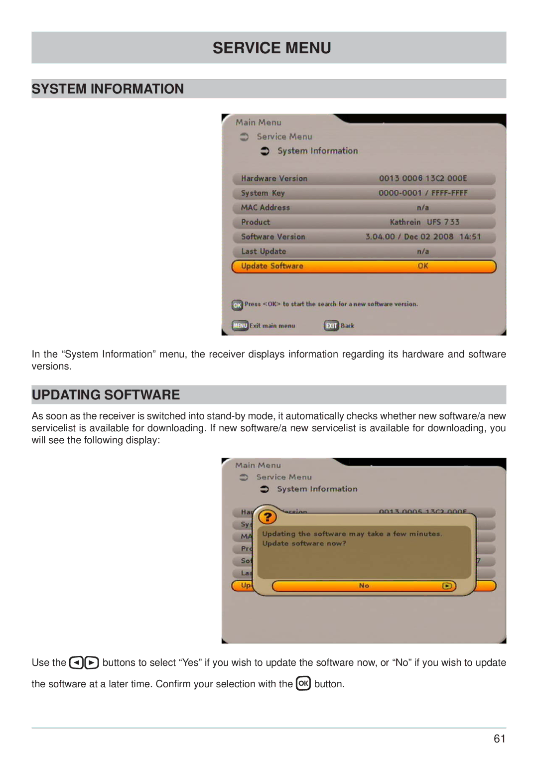 Kathrein UFS 733sw, UFS 733si manual System Information, Updating Software 