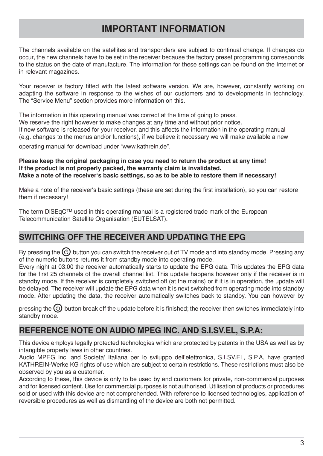 Kathrein UFS 740sw manual Important Information, Switching OFF the Receiver and Updating the EPG 