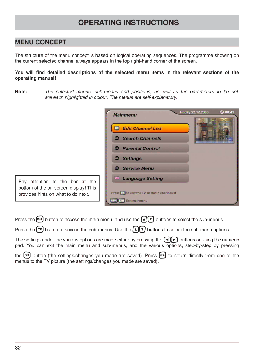 Kathrein UFS 740sw manual Operating Instructions, Menu Concept 