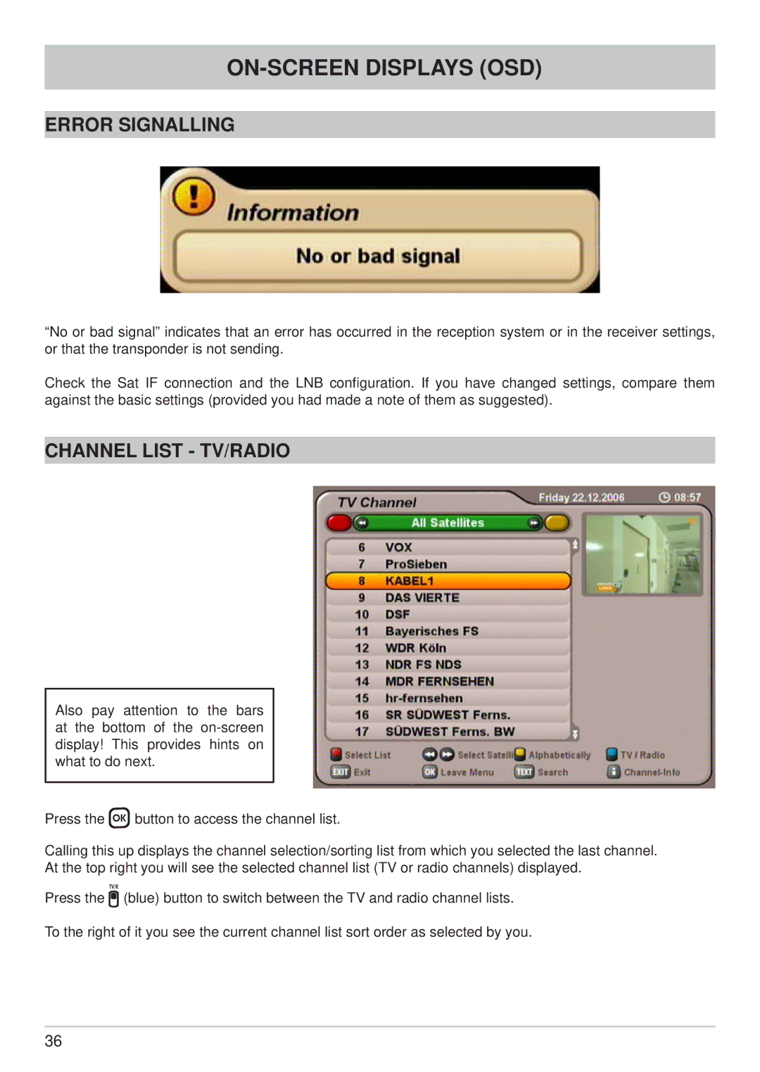 Kathrein UFS 740sw manual Error Signalling, Channel List TV/RADIO 