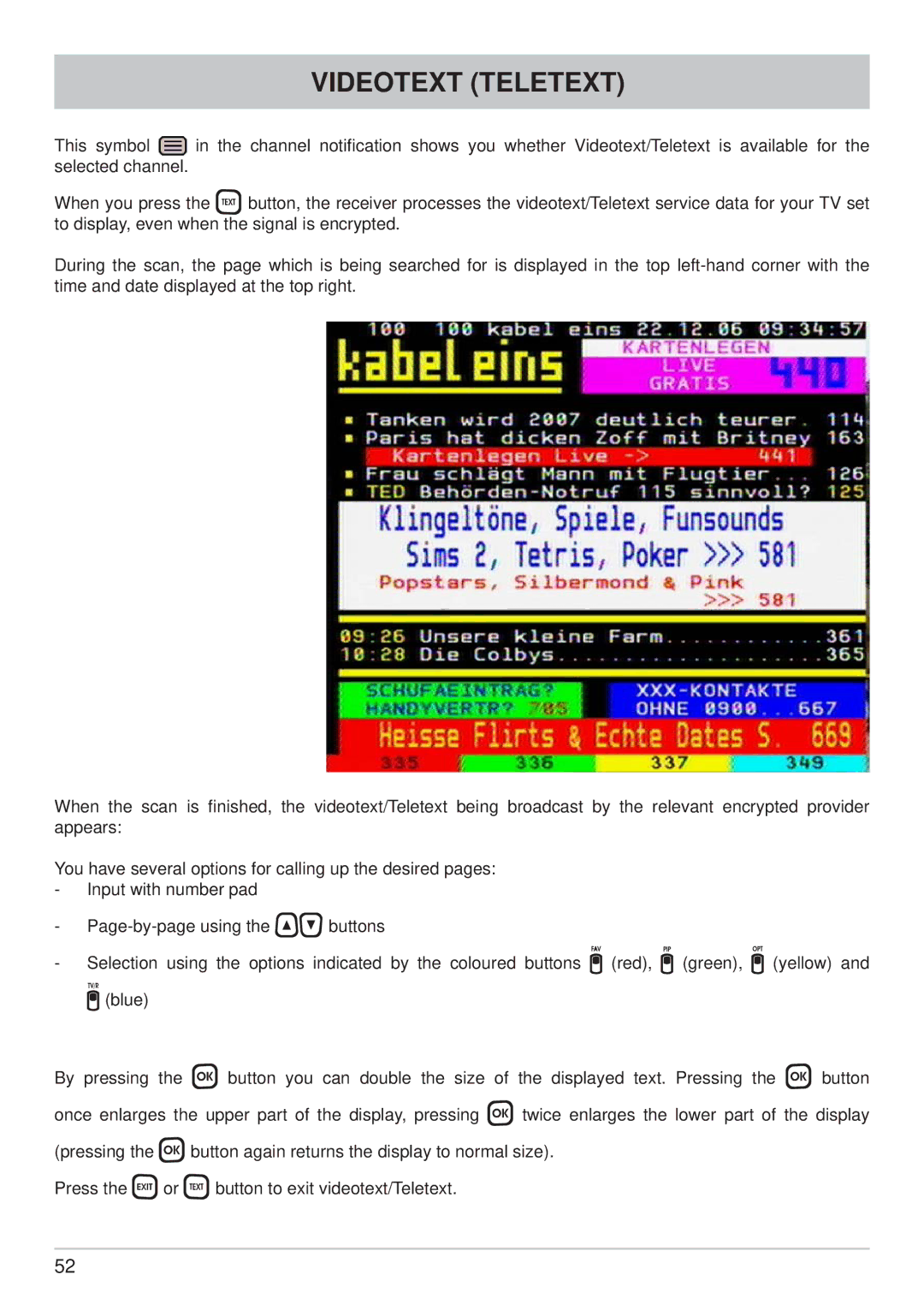 Kathrein UFS 740sw manual Videotext Teletext 