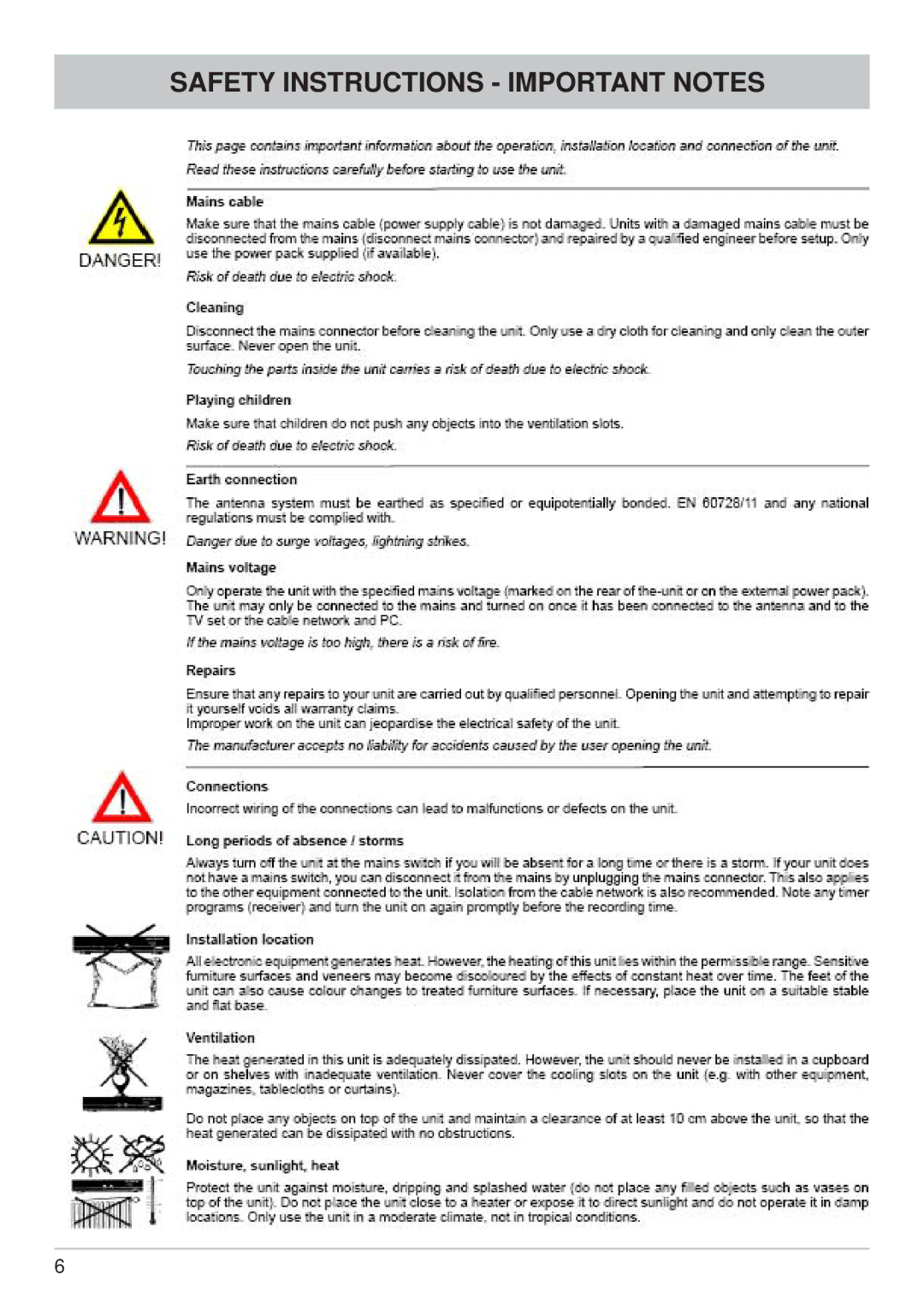 Kathrein UFS 740sw manual Safety Instructions Important Notes 