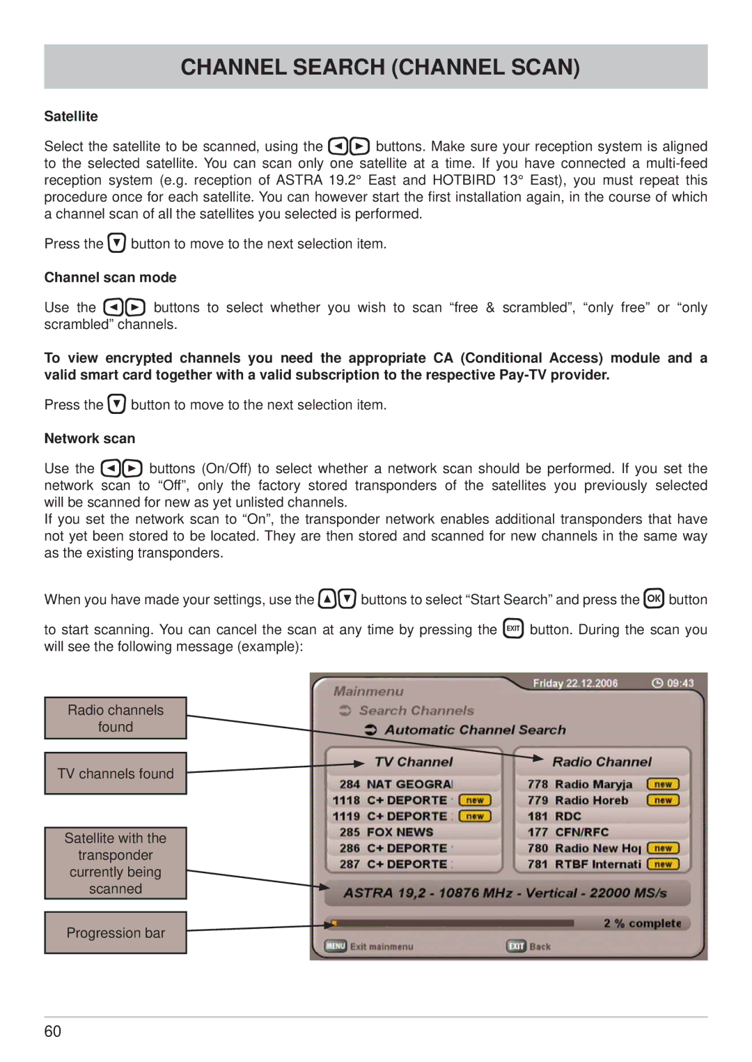 Kathrein UFS 740sw manual Satellite, Channel scan mode 