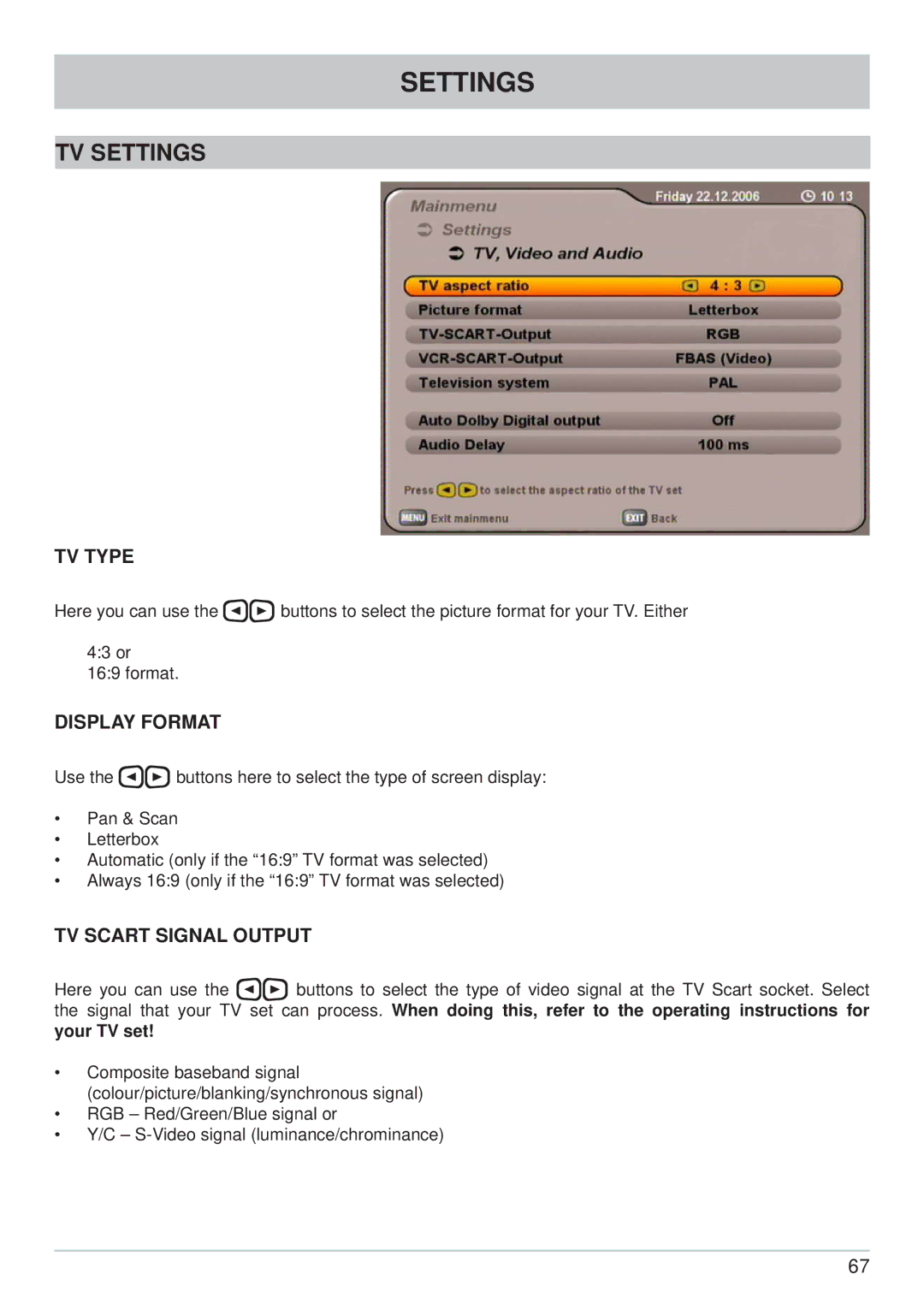 Kathrein UFS 740sw manual TV Settings, TV Type, Display Format, TV Scart Signal Output 