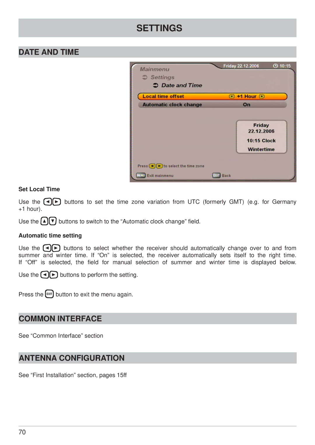 Kathrein UFS 740sw manual Date and Time, Common Interface, Antenna Configuration, Automatic time setting 