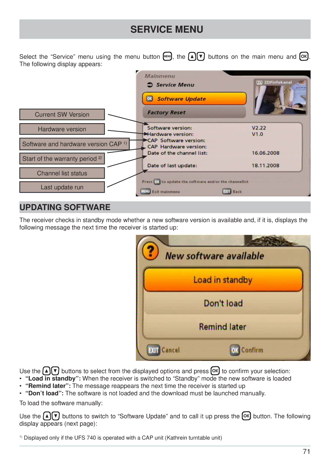 Kathrein UFS 740sw manual Service Menu, Updating Software 