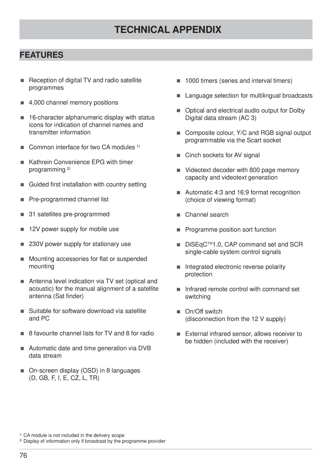 Kathrein UFS 740sw manual Technical Appendix, Features 